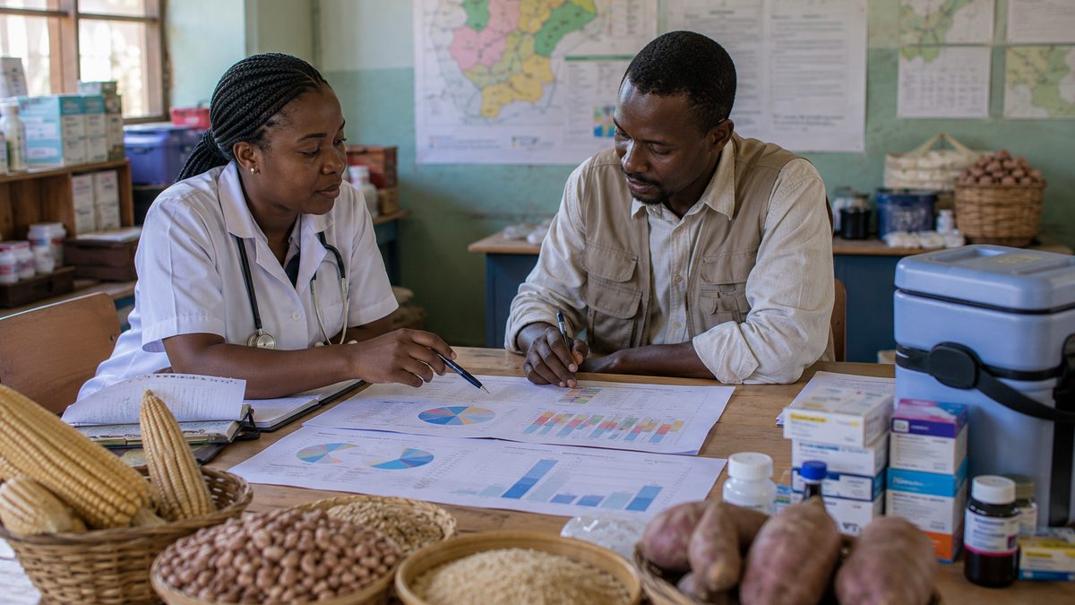 A public health worker and agricultural planner review food system charts beside crops and clinic supplies.