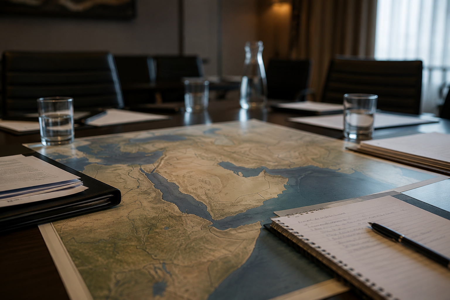 A diplomatic meeting room with maps and briefing papers on a table.