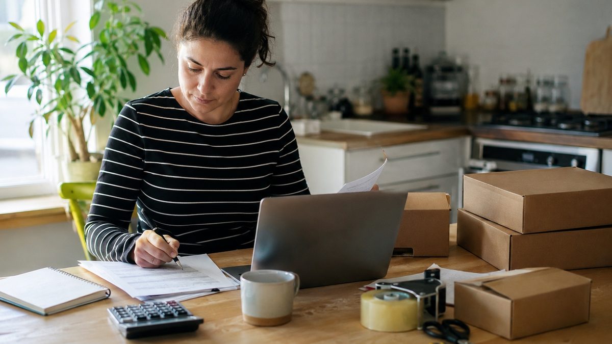 A person works on small business paperwork at a kitchen table with boxes and a calculator nearby.