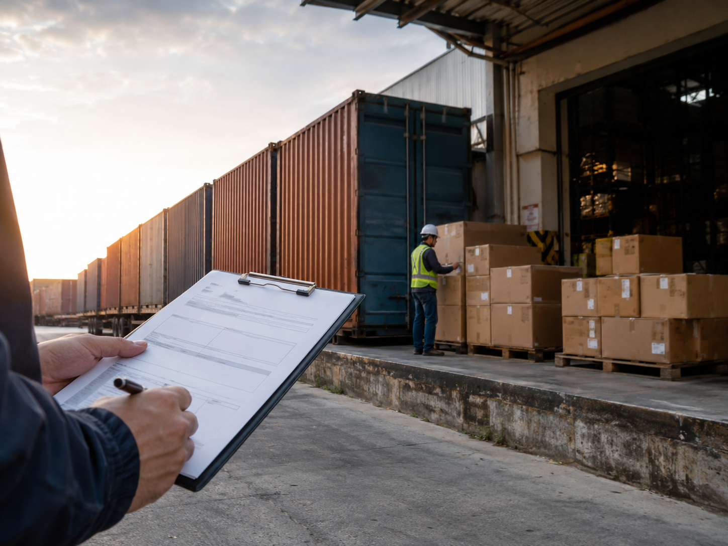 Shipping containers and customs paperwork at a warehouse loading dock.