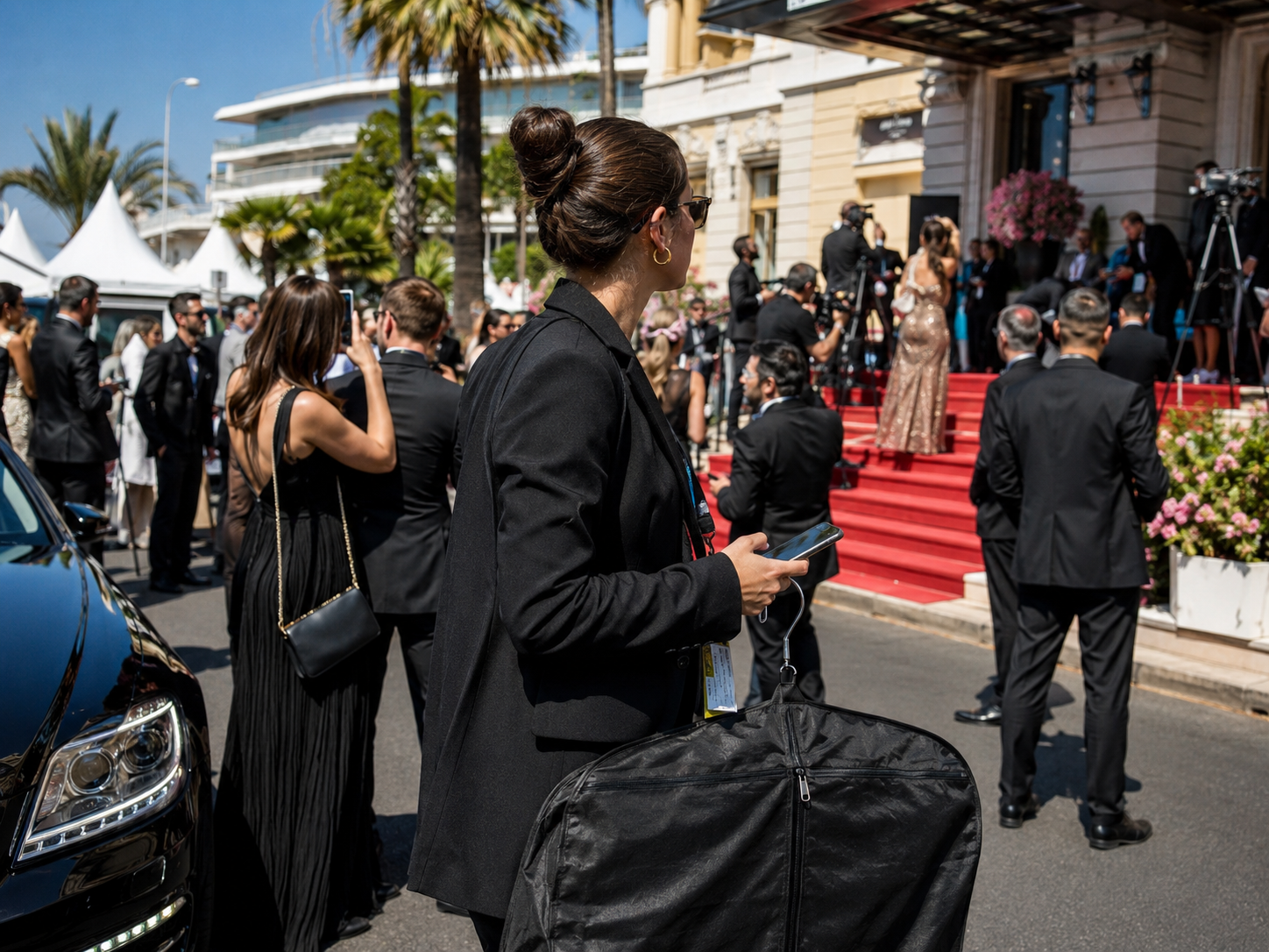 People gather near an international film festival venue as cameras, badges, and soft evening lights suggest a major cultural event.