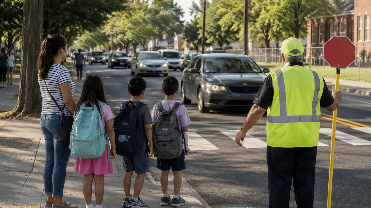 Children and parents wait at a marked school crossing near a busy road.