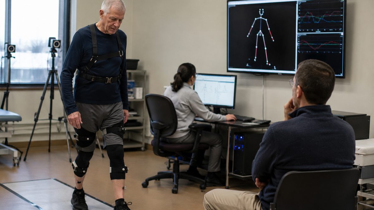 A patient walks in a clinical gait lab while researchers monitor movement data.