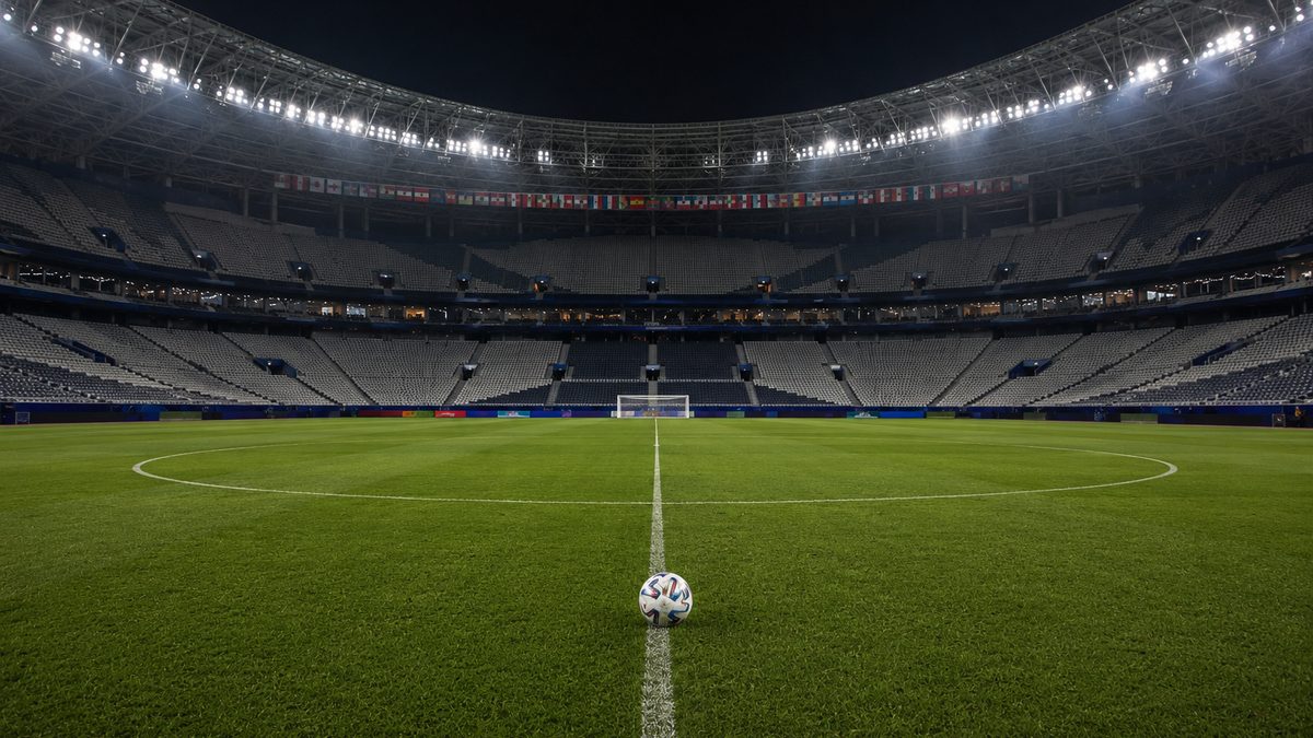 Empty soccer stadium after a World Cup group match.