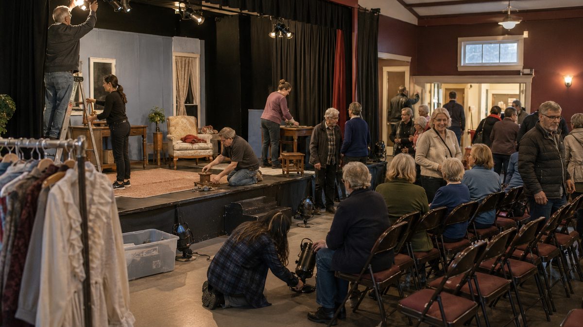 Community theater volunteers prepare a small stage before a local performance.