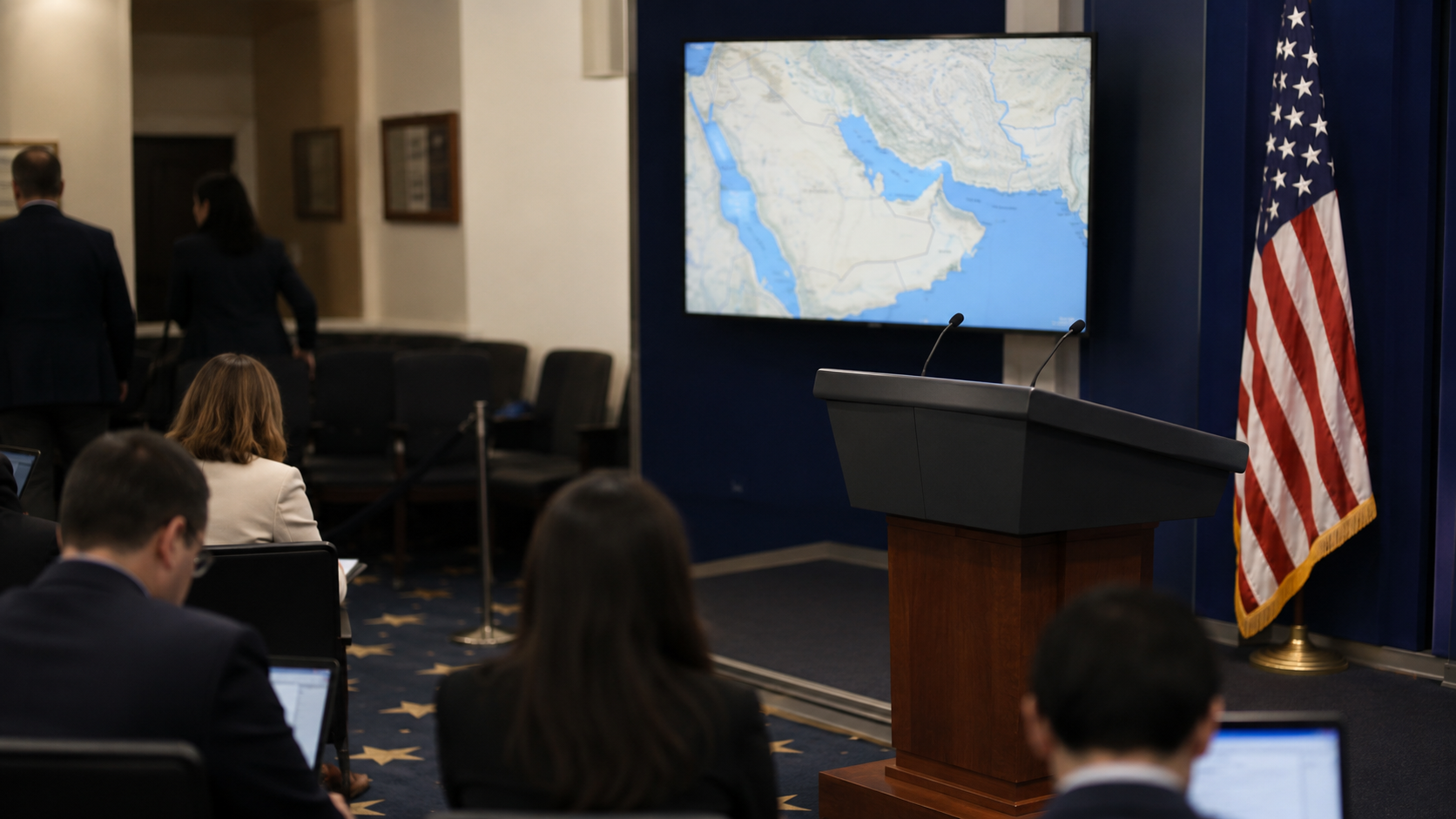 A White House briefing room with a Persian Gulf map displayed on a screen.