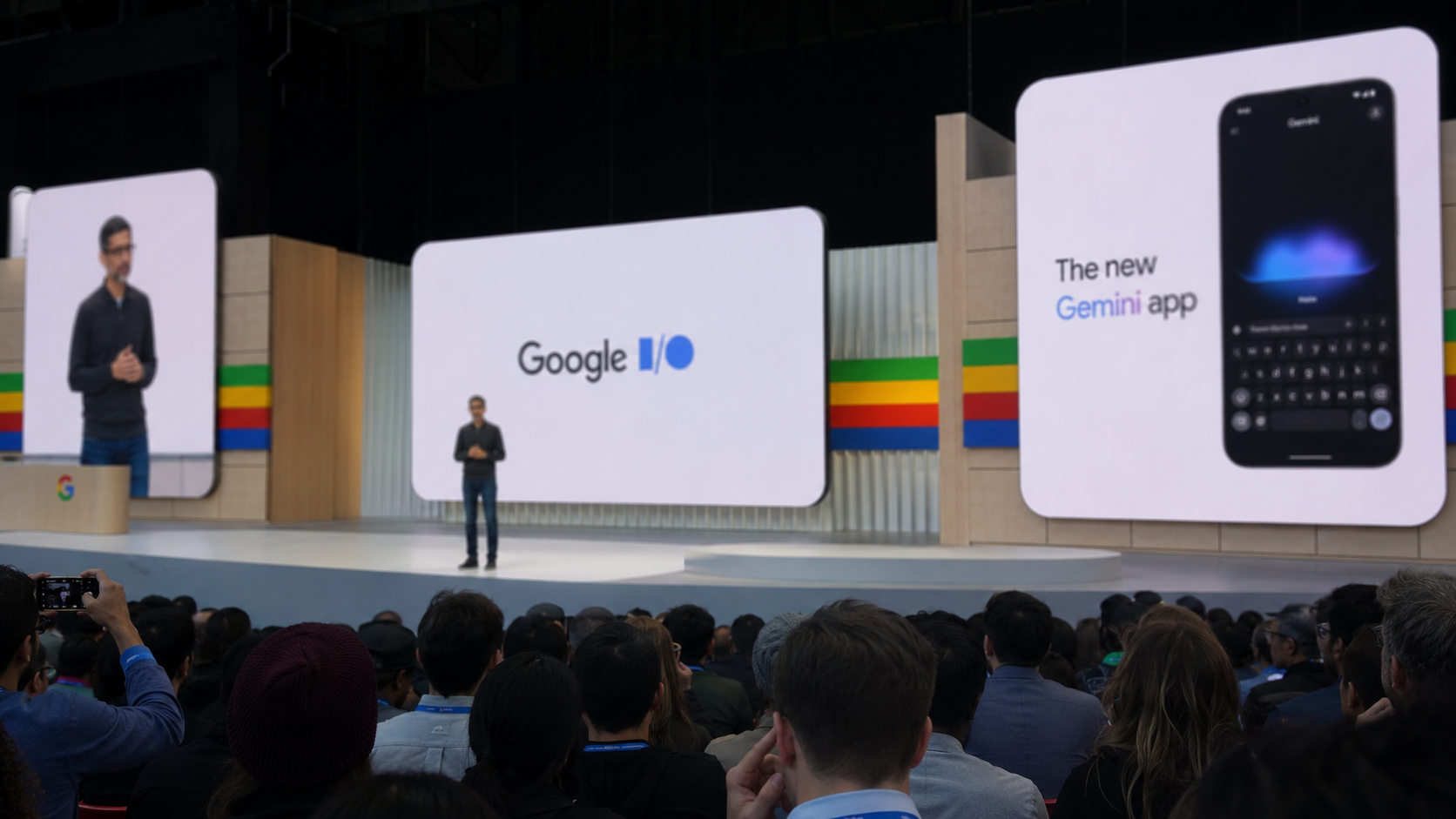 Multiple devices showing abstract AI interface elements.