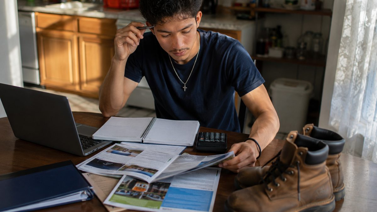 A student reviews career-training materials and costs.