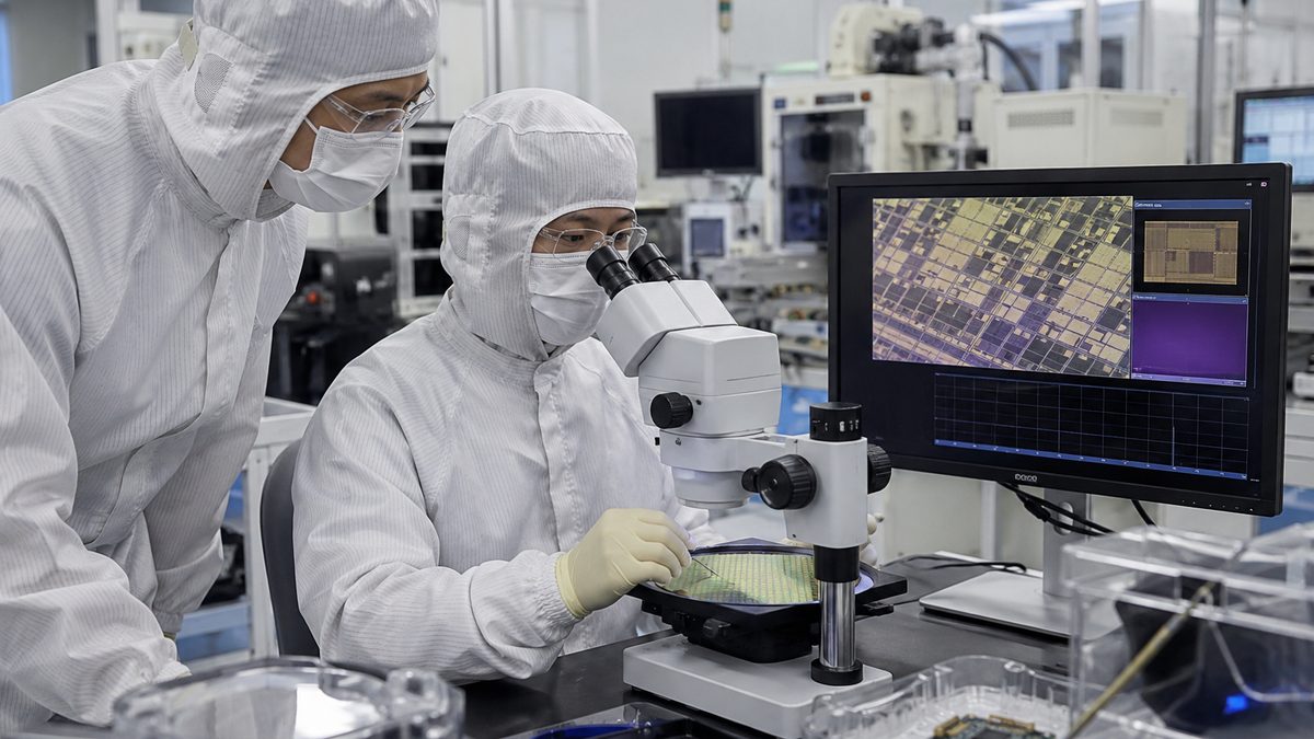 Researchers examine a wafer with tiny 2D transistor test structures in a cleanroom materials lab.
