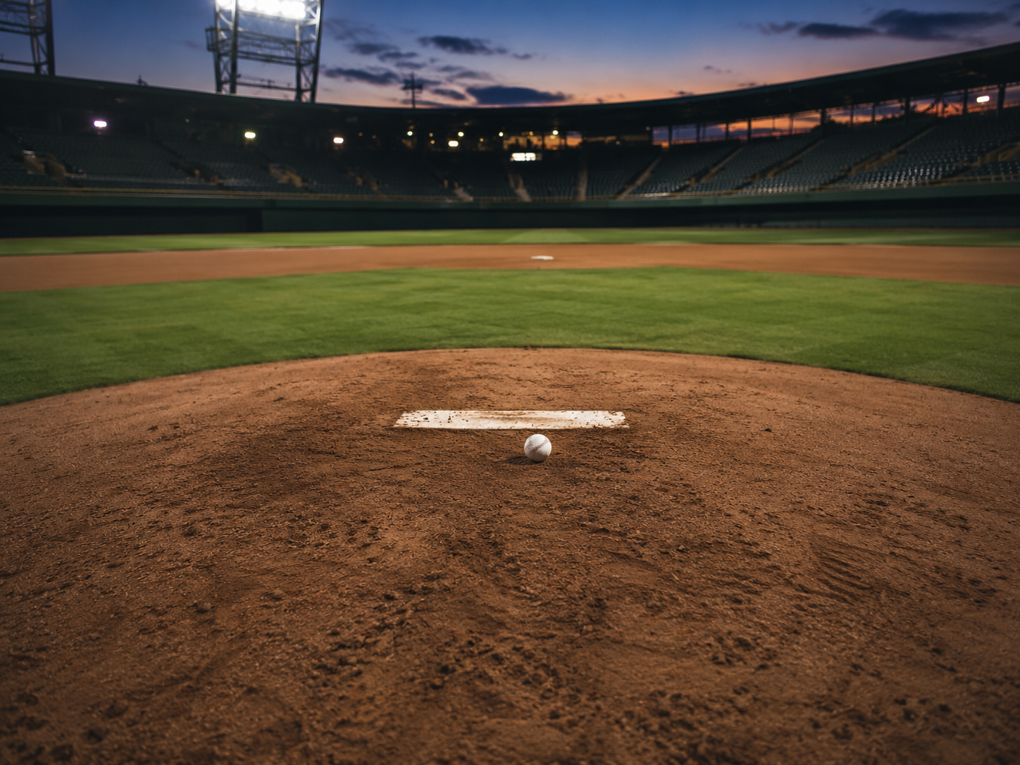 An empty baseball mound at dusk with a baseball near the rubber.