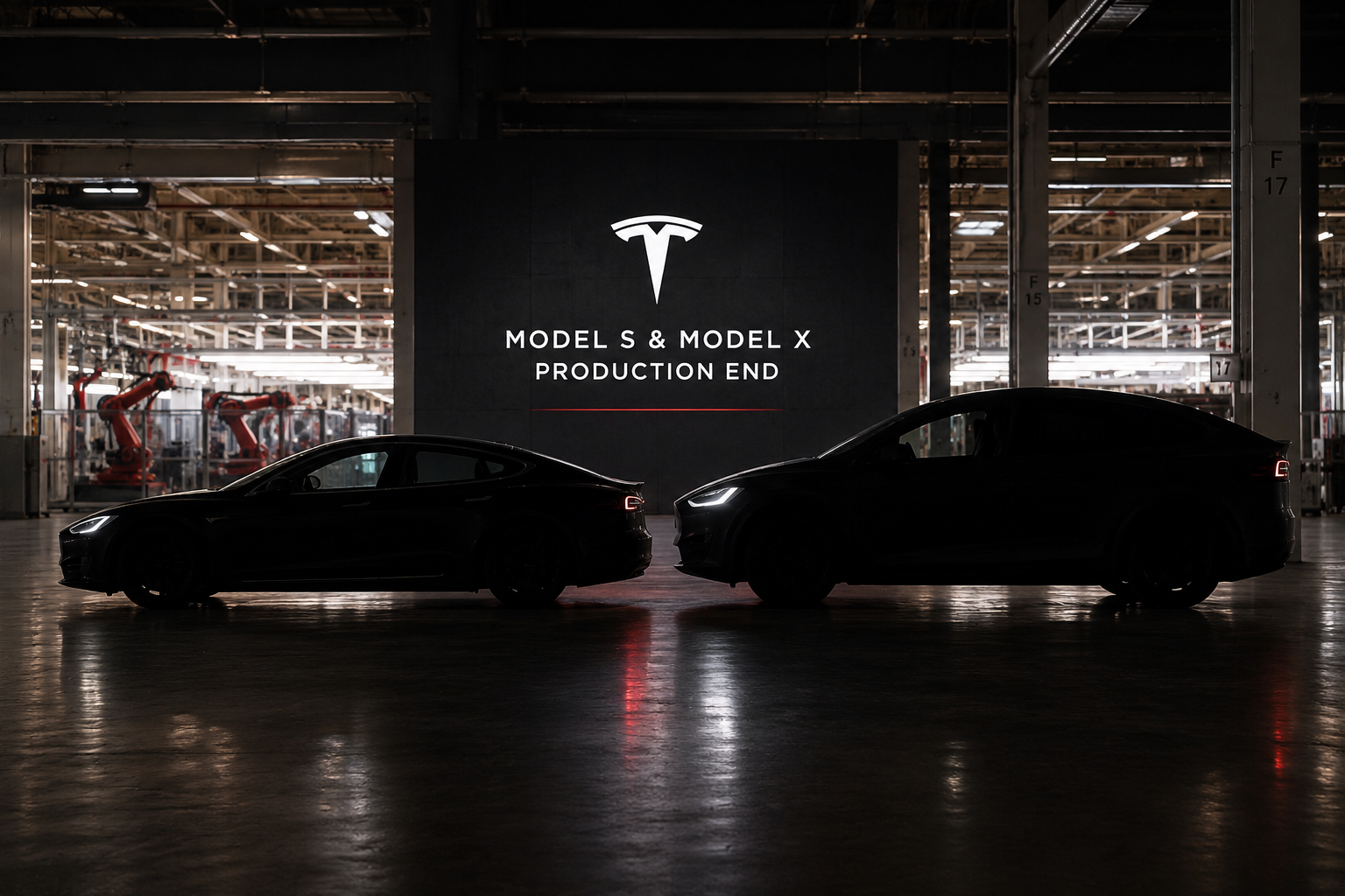 A Tesla sedan and SUV silhouette near a factory floor, representing the end of Model S and Model X production.