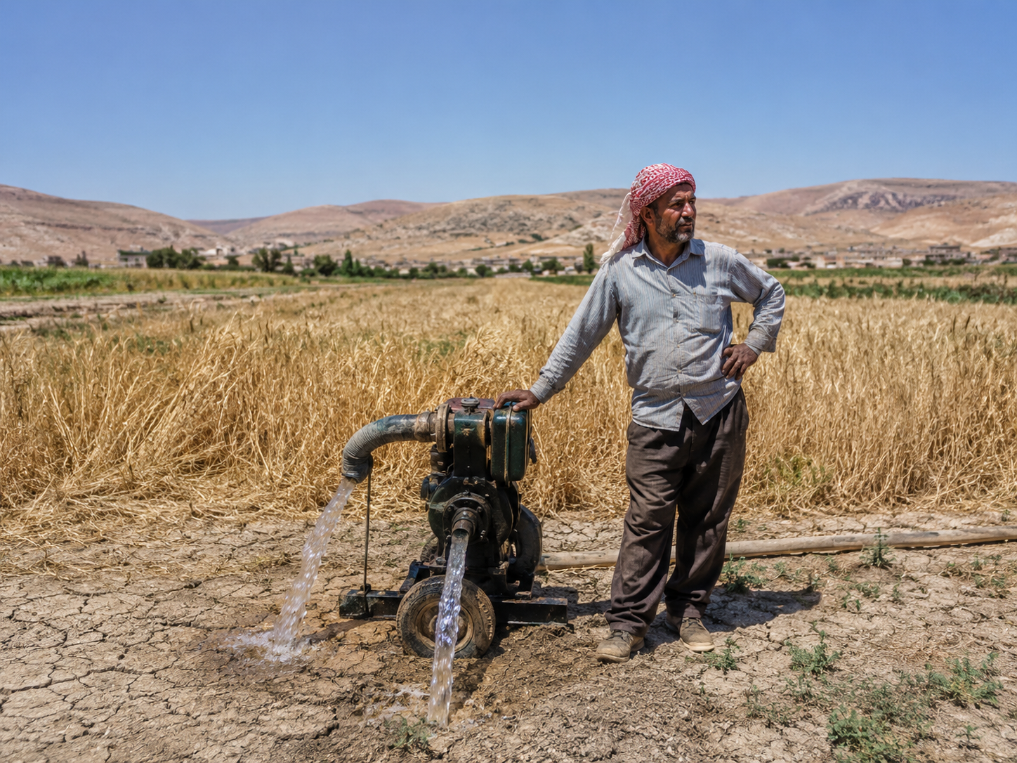 A farmer stands beside a dry wheat field and irrigation pump.