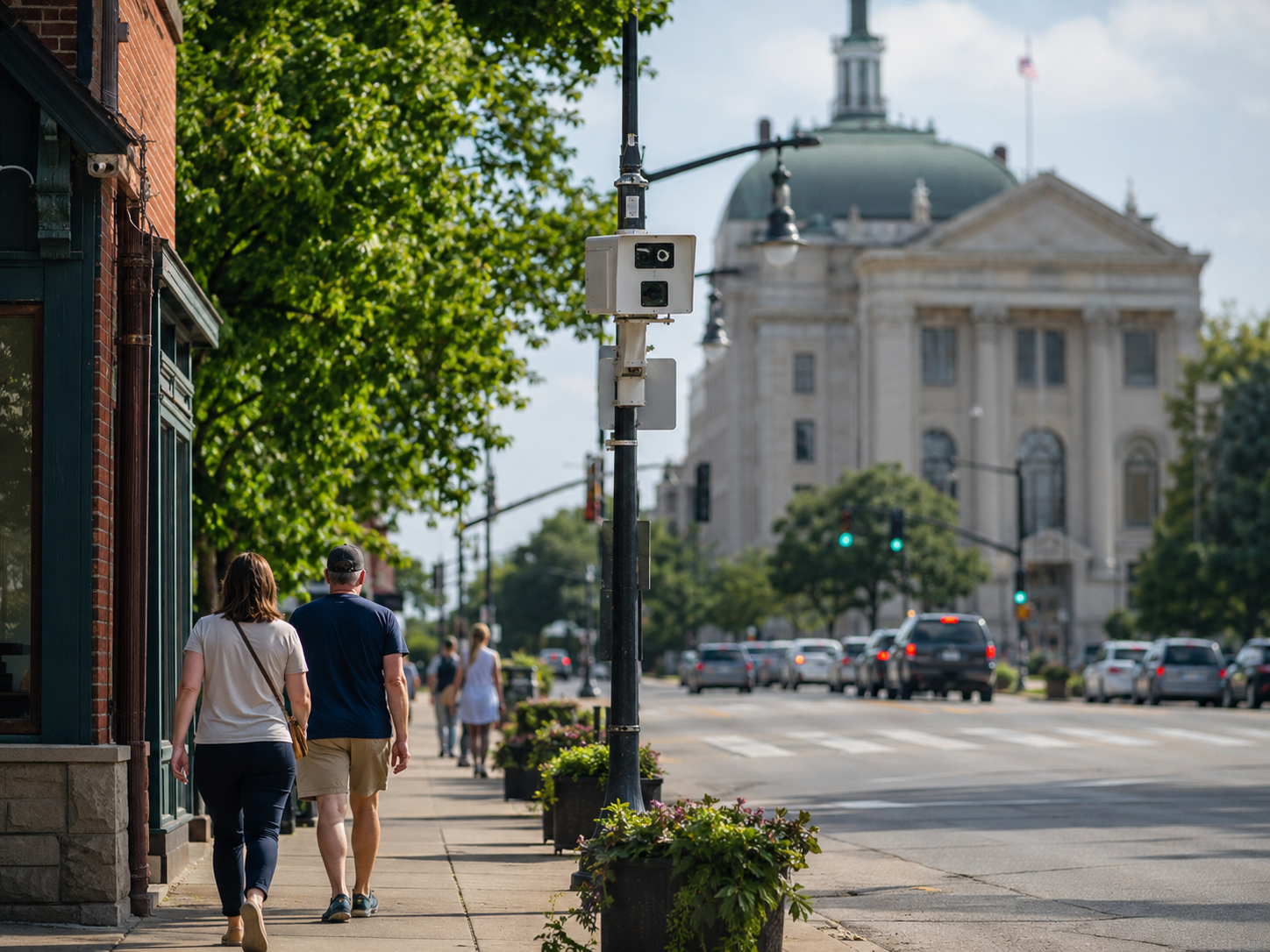 A street camera overlooks a city intersection as residents walk nearby.