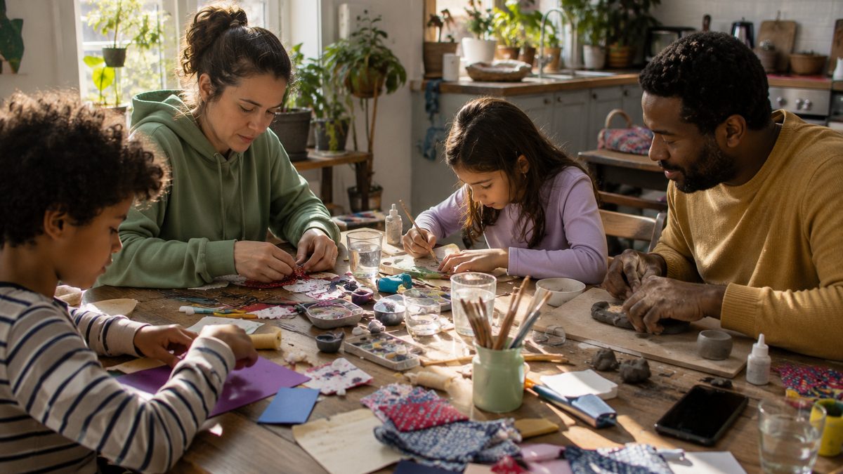 Adults and children work on simple crafts at a kitchen table while a phone rests nearby.