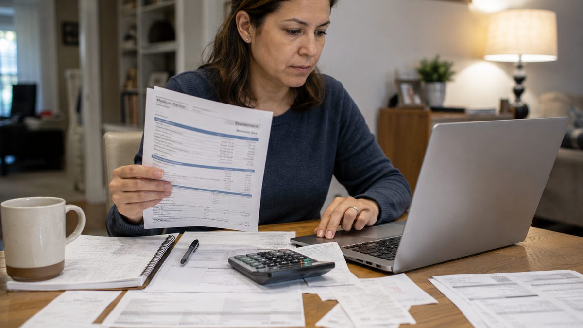 A working parent reviews medical bills, prescription receipts and a household budget at a kitchen table.