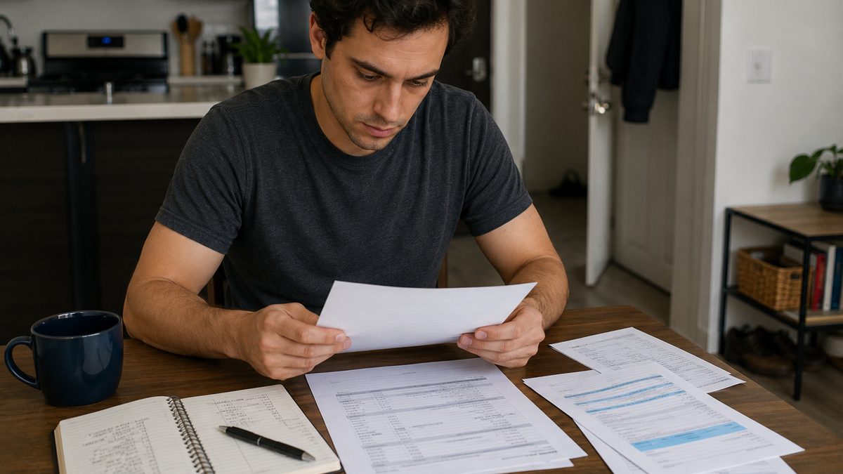A renter reviews lease paperwork and fees at a kitchen table.