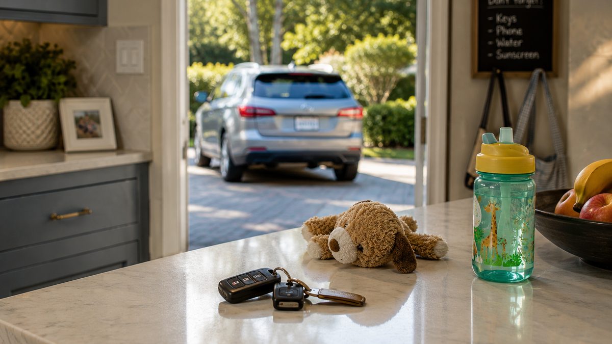 A child's toy and car keys sit on a counter near a sunny driveway.