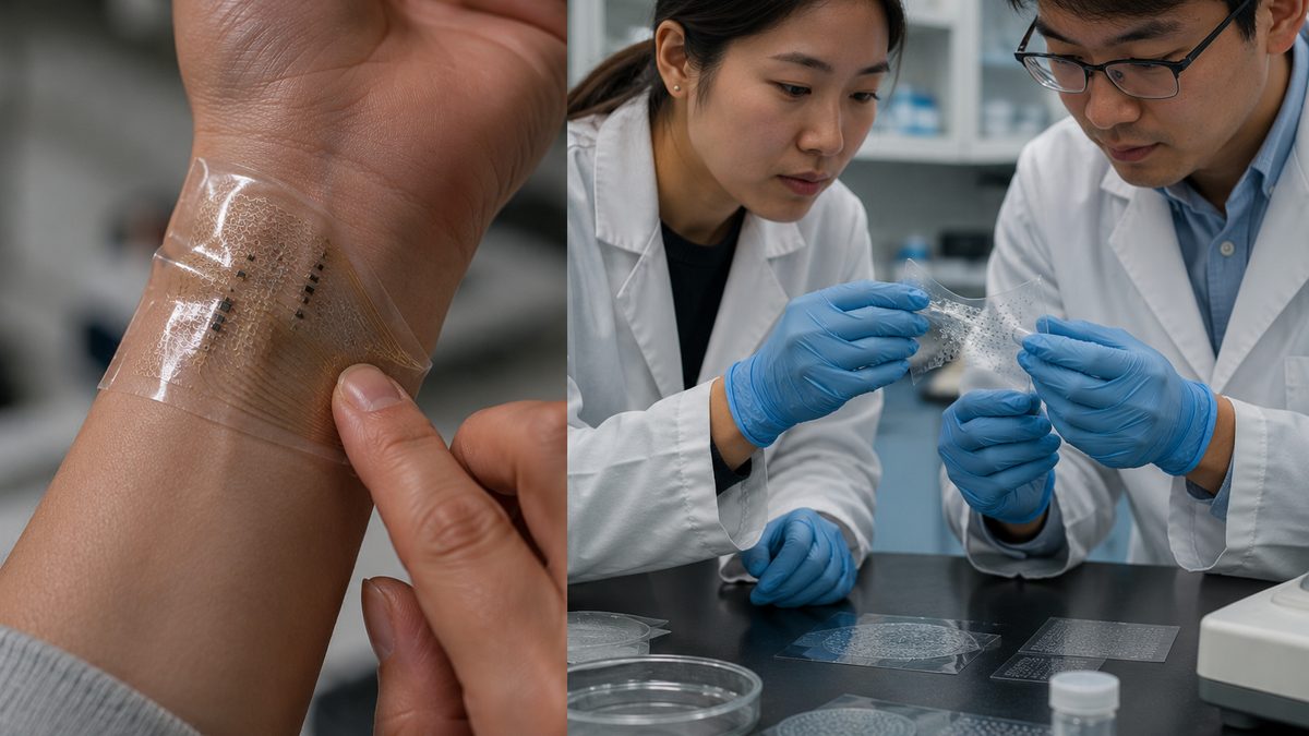 A flexible biosensor patch stretches over a wrist in a clinical research setting.