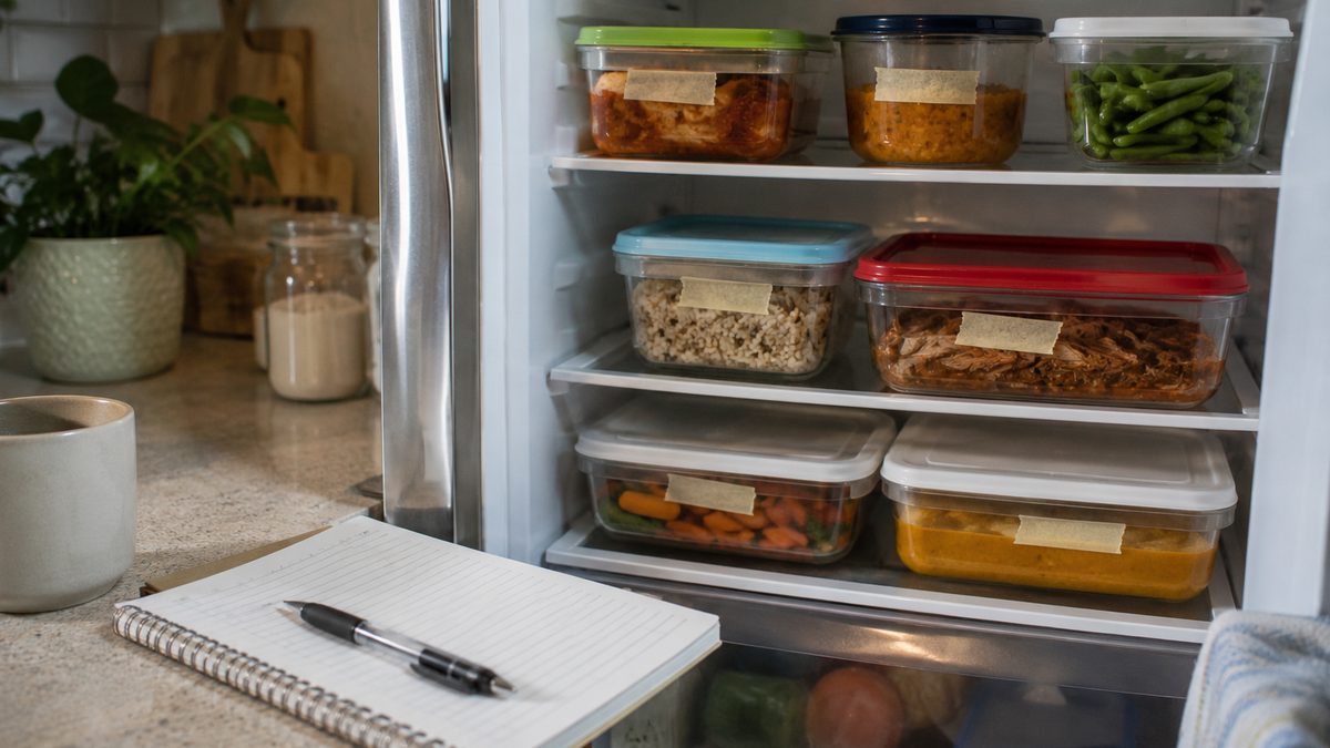 Clear containers of leftovers sit on a refrigerator shelf with simple labels.
