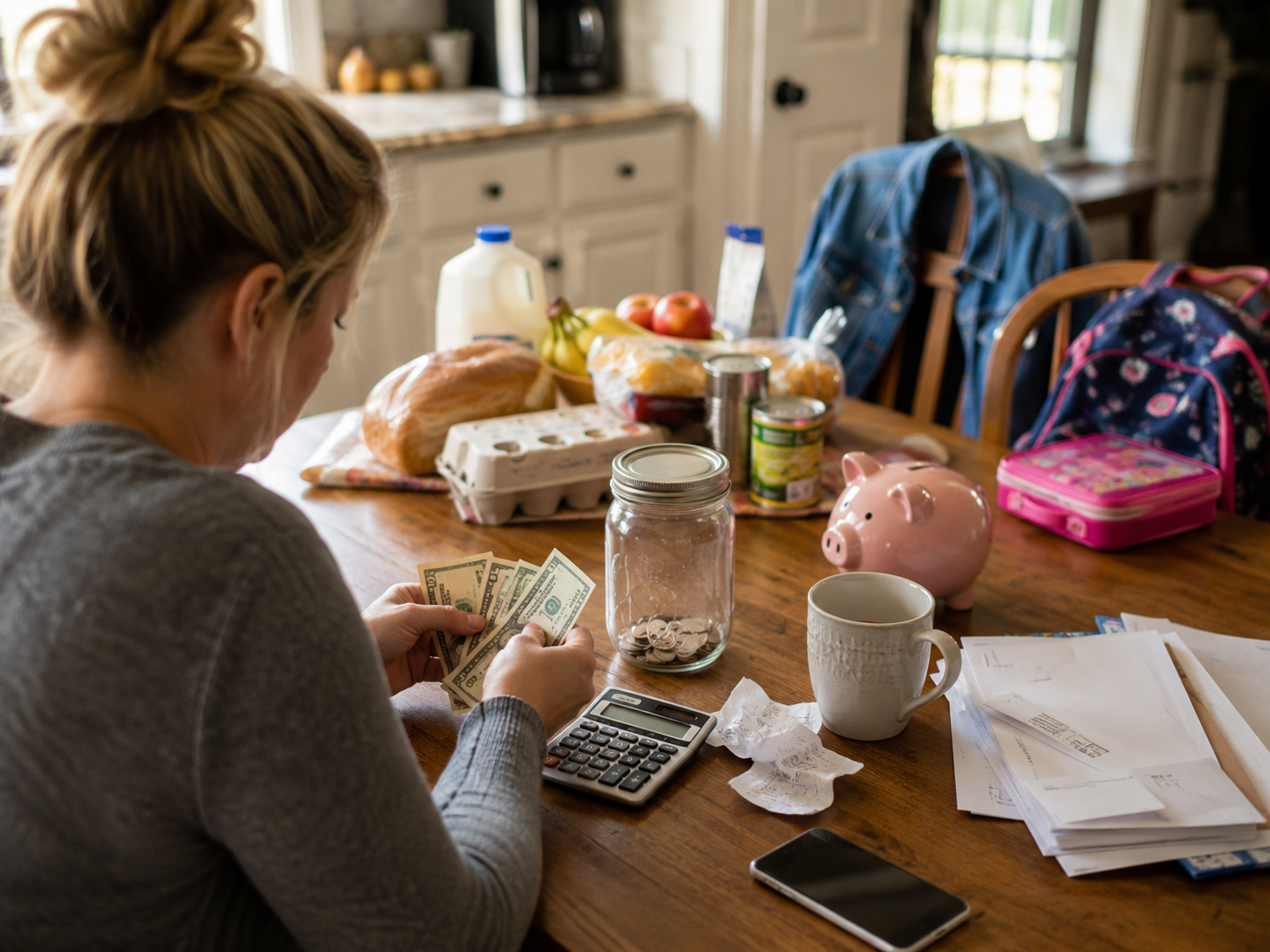 Emergency savings envelope, calculator, and household bills on a kitchen table.