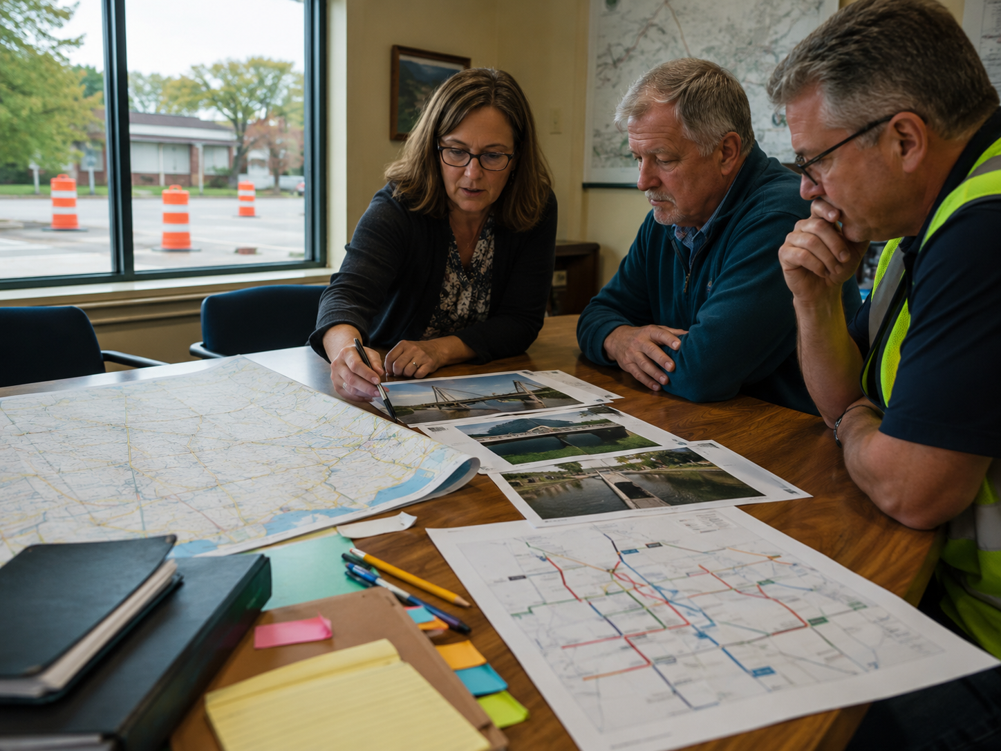 Transportation planning materials sit on a table near a construction area.