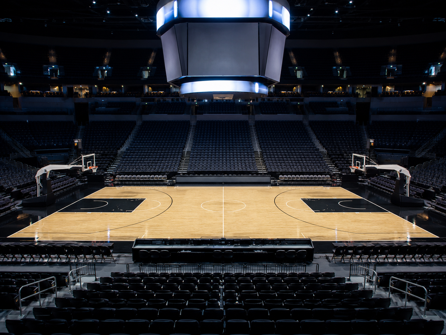 An empty basketball arena before a playoff game.