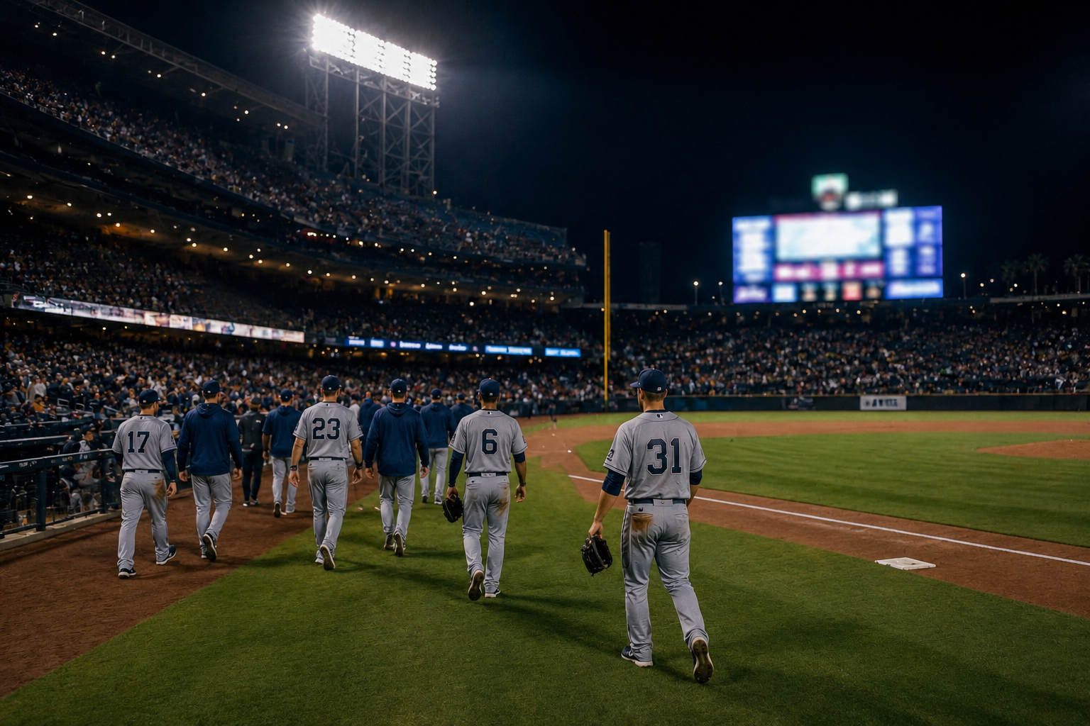 Baseball players leave the field after a night game.