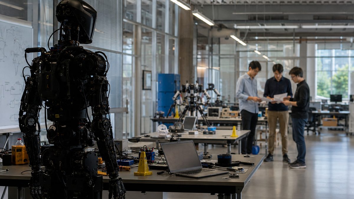 A university robotics lab with a humanoid robot platform near workbenches and research equipment.