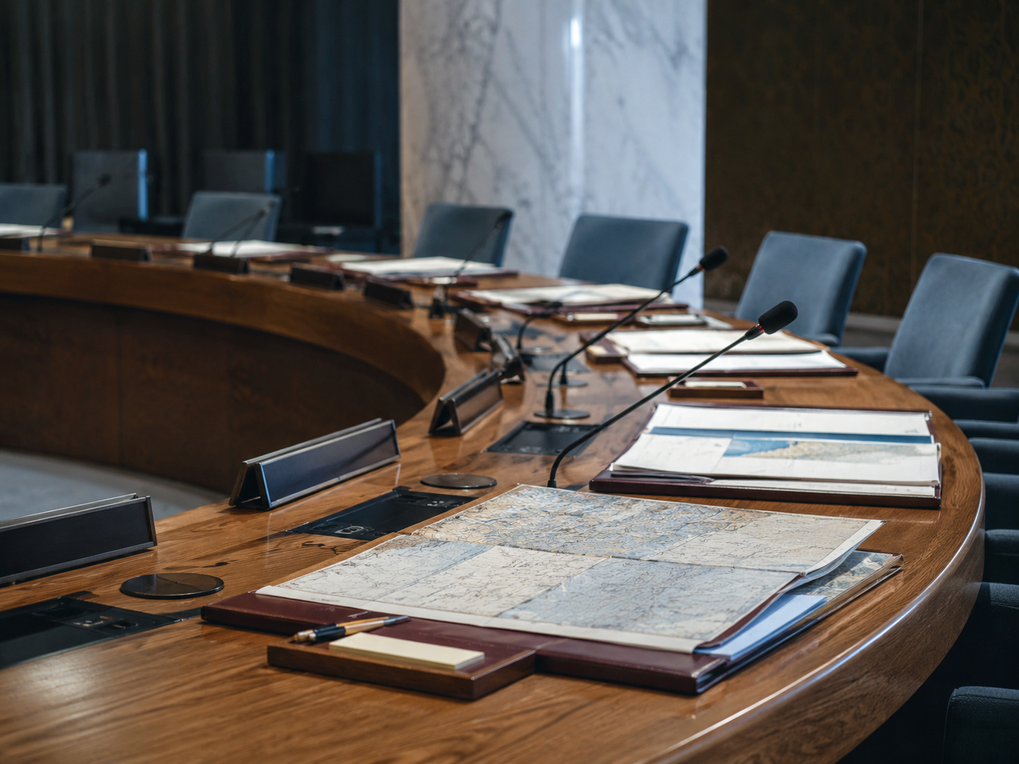 Empty microphones and folders in a formal diplomatic meeting room.