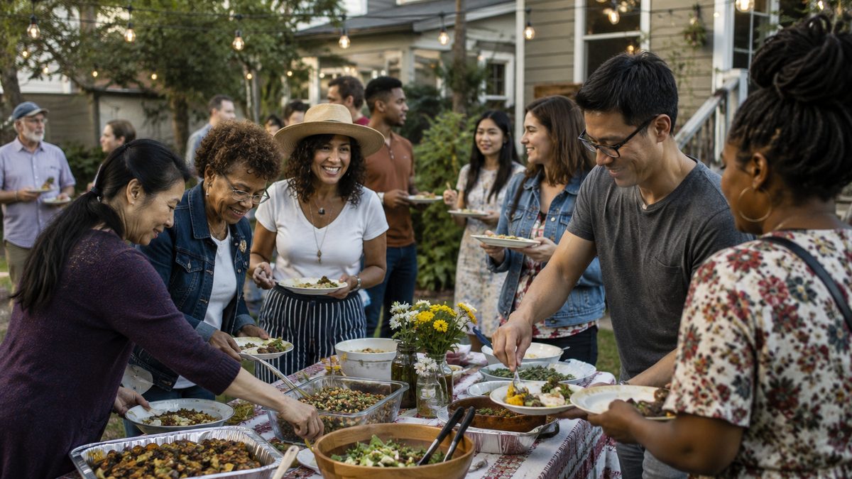 A community gathering with a long table of homemade dishes and people sharing food.