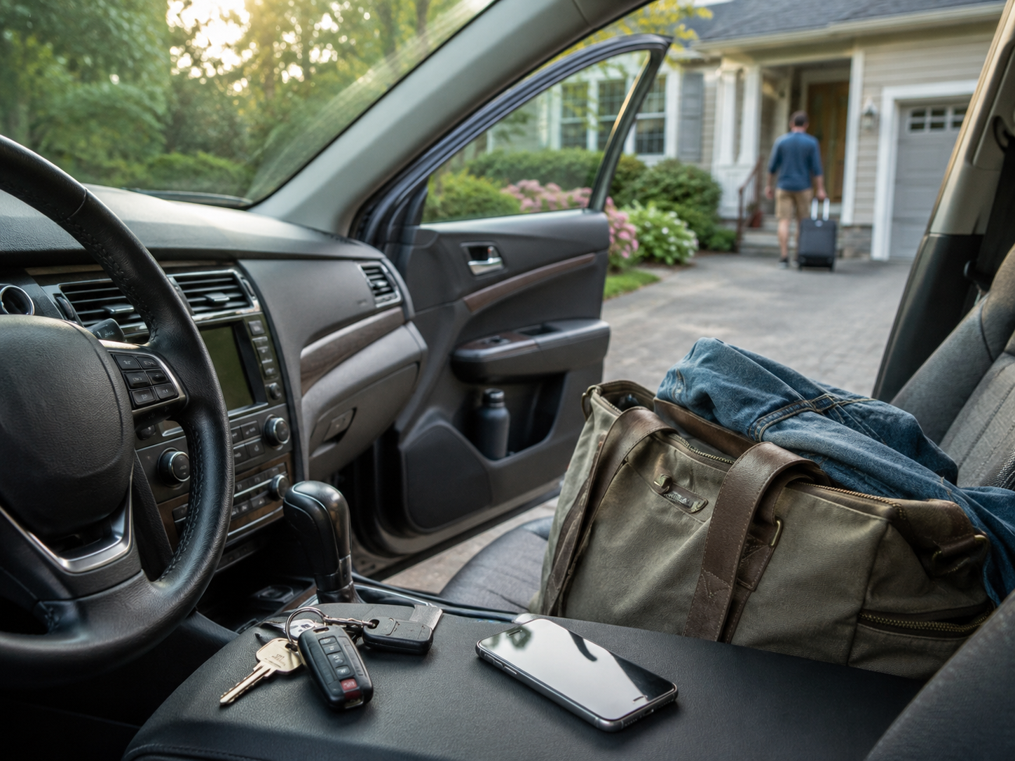 Car keys and a phone near a vehicle before a trip.