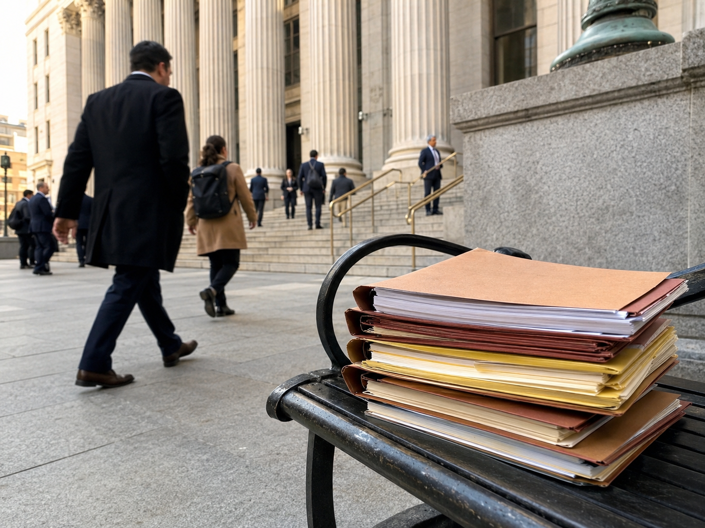 A courthouse exterior with legal folders resting on a bench.