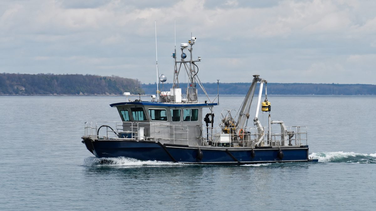 A research vessel travels across calm Great Lakes water with mapping equipment on deck.