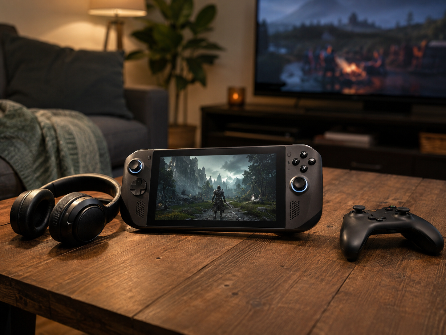 A handheld gaming PC beside a controller and headphones.