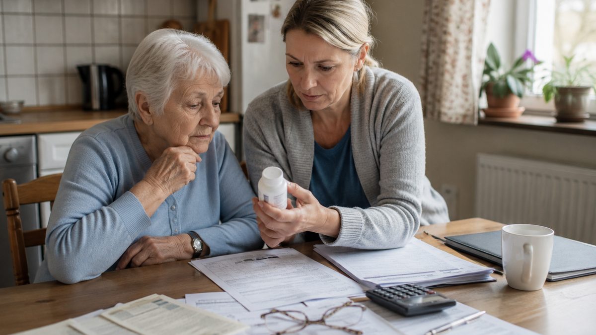 An adult child helps an older parent review medicine and paperwork at a kitchen table.