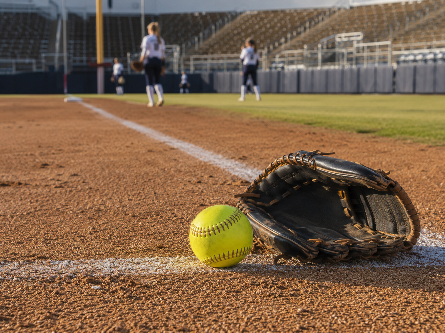 A college softball field with a glove and ball near the chalk line while players warm up in the distance.