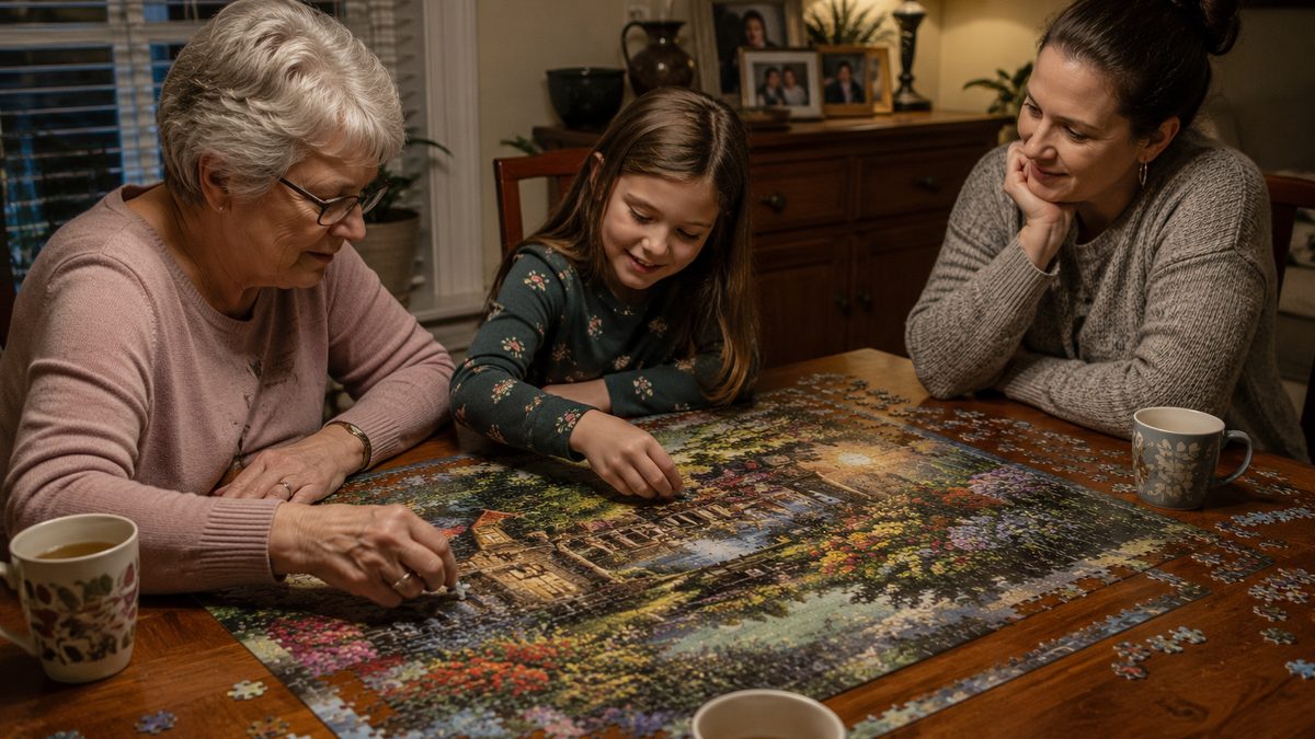 Three generations of a family working together on a jigsaw puzzle around a dining room table.