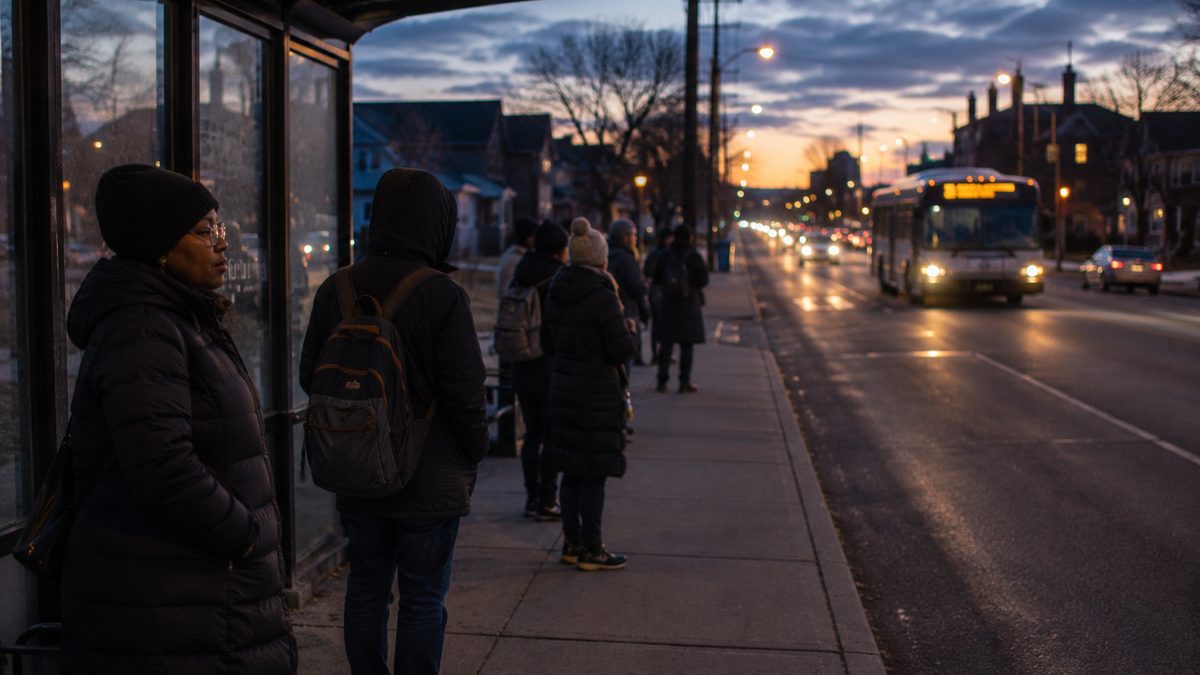 People wait at a bus stop in the early morning.