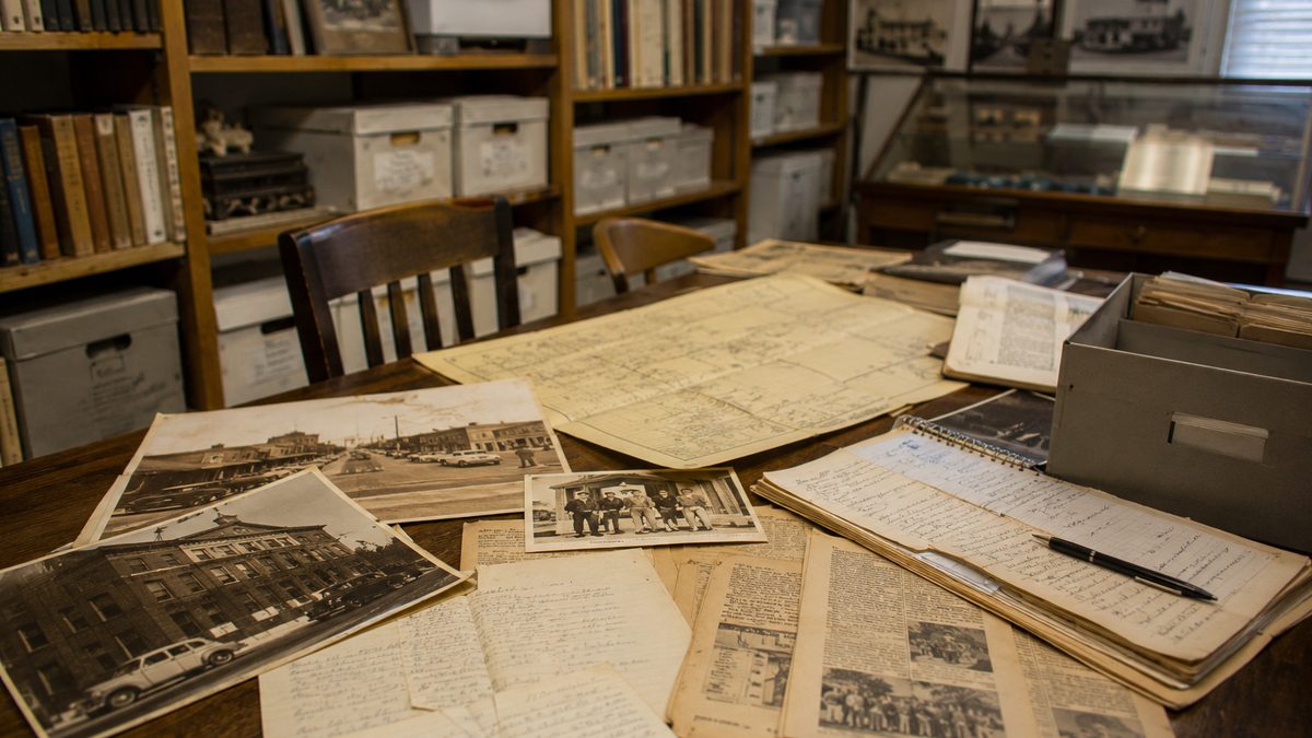 Historic photographs and local records displayed on a table inside a historical archive.