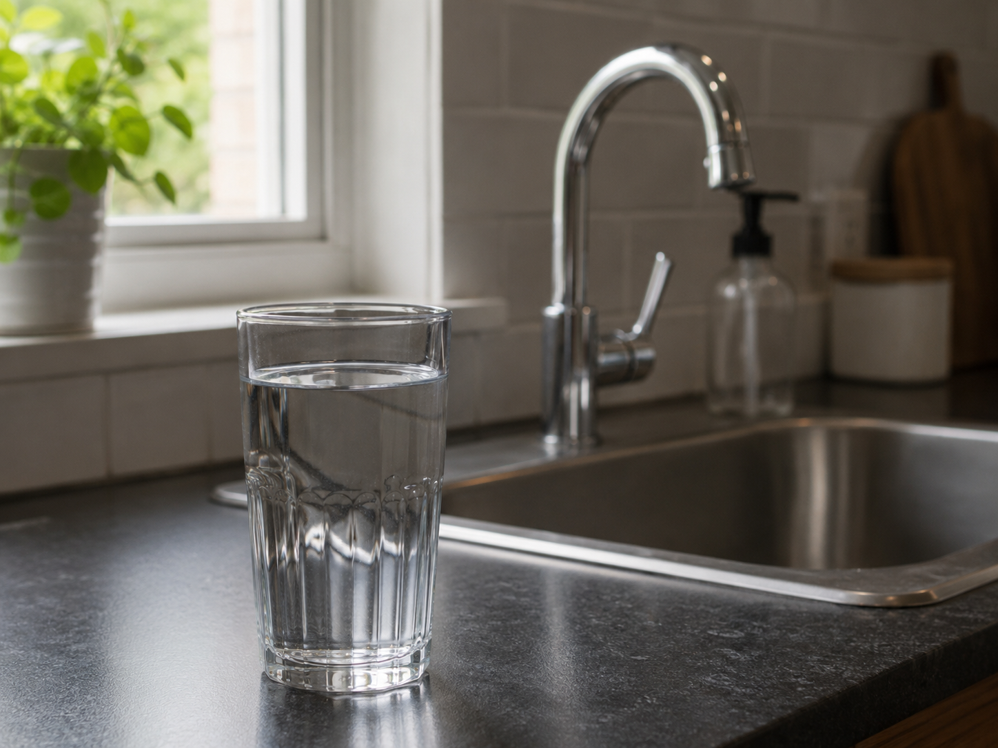 A glass of tap water sits beside a kitchen sink.