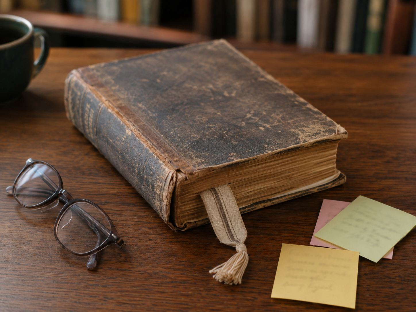 A worn classic novel sits on a table with sticky notes and reading glasses.