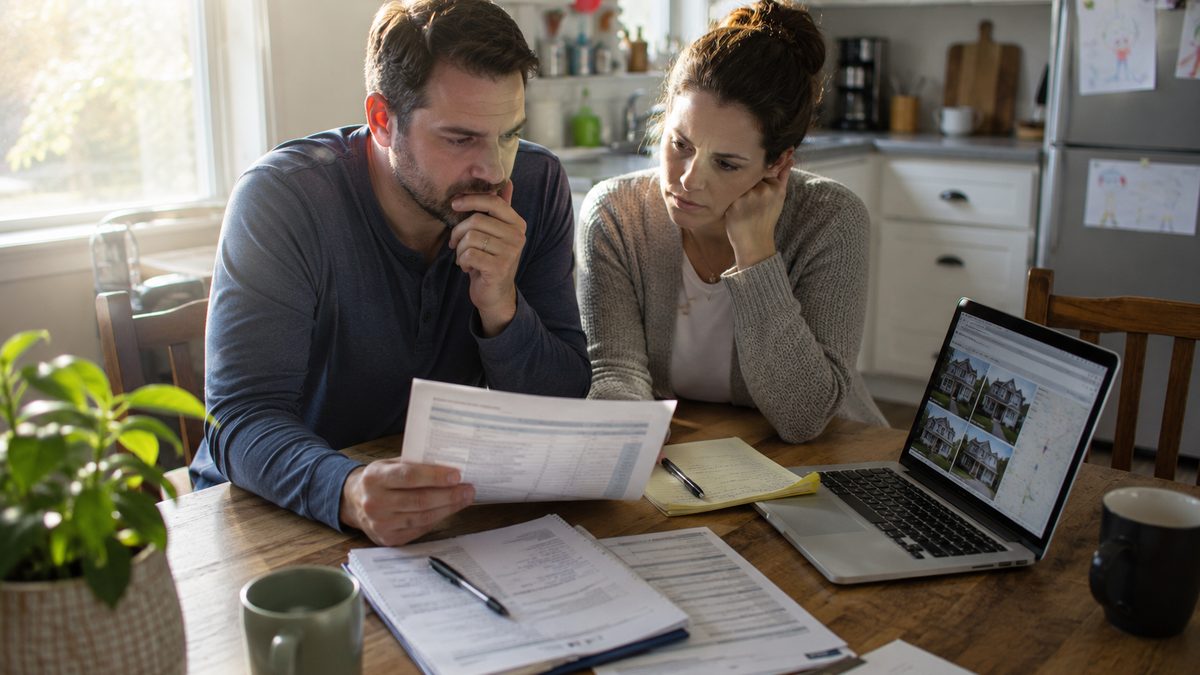 Homebuyers reviewing mortgage information and housing costs at a kitchen table.
