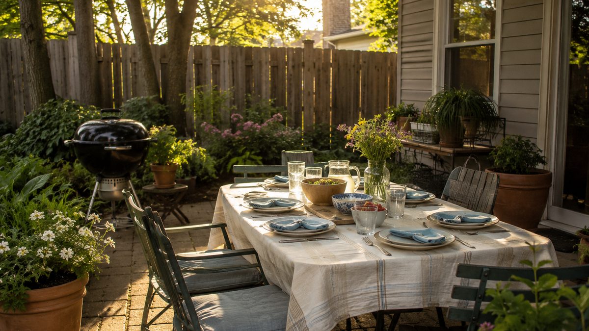 A modest backyard patio is set up with shade, plants, chairs and a small grill.