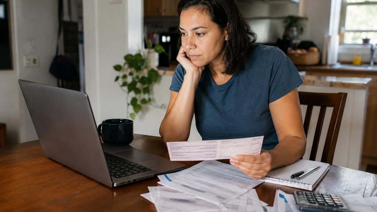 A worker reviews job listings and household bills at a kitchen table.