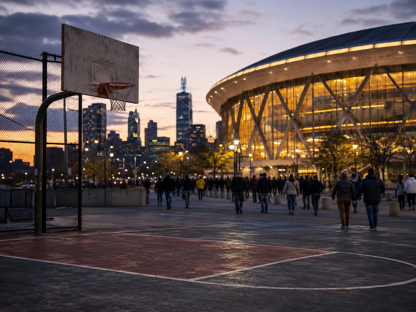 Basketball fans outside an arena after a playoff game.