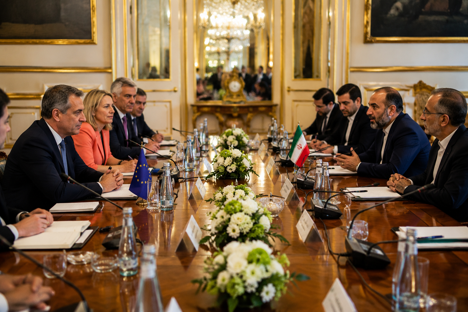 A diplomatic meeting room with folders on a table and blurred flags in the background.