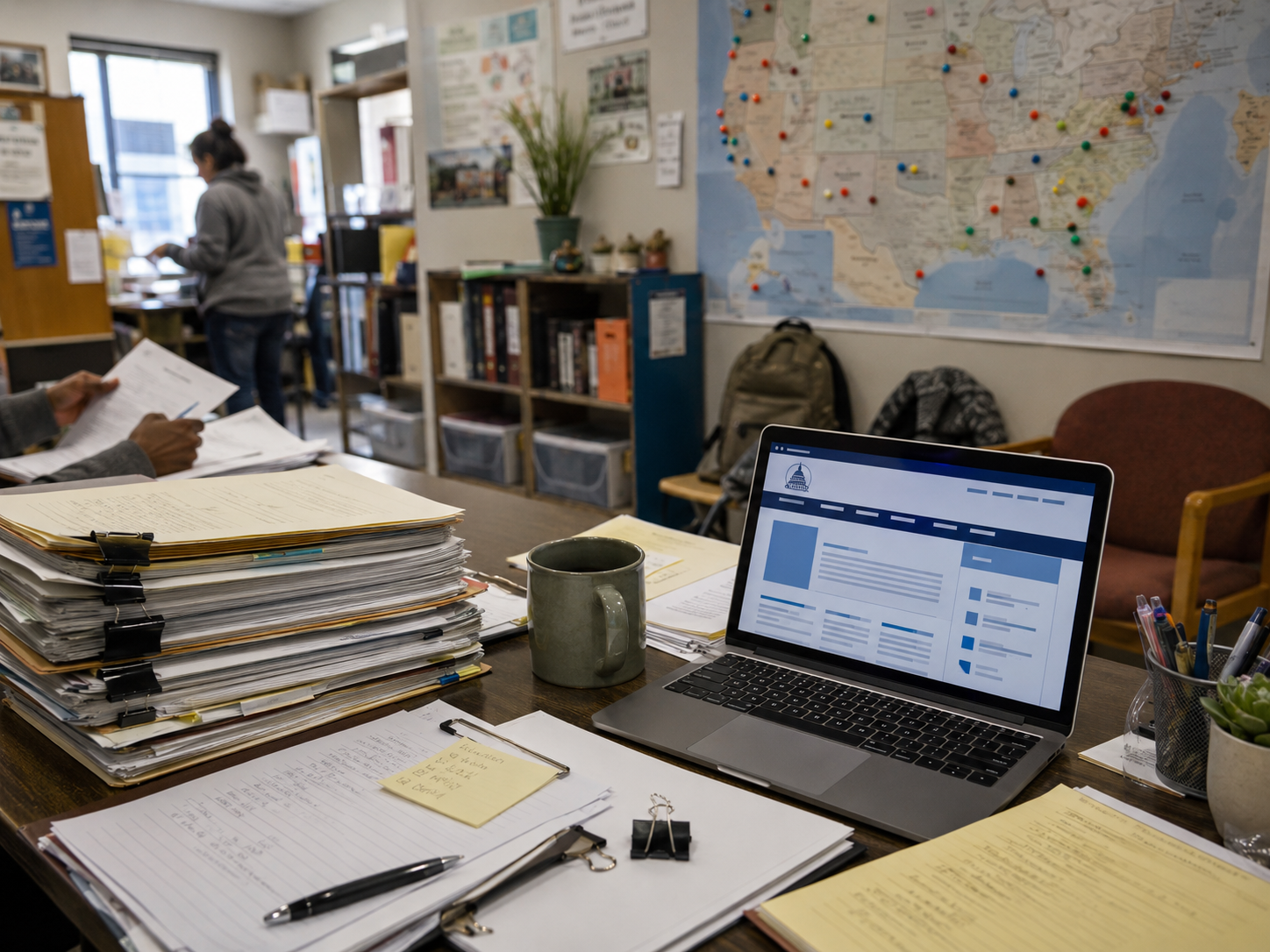 Housing service paperwork and a city map on an office table.