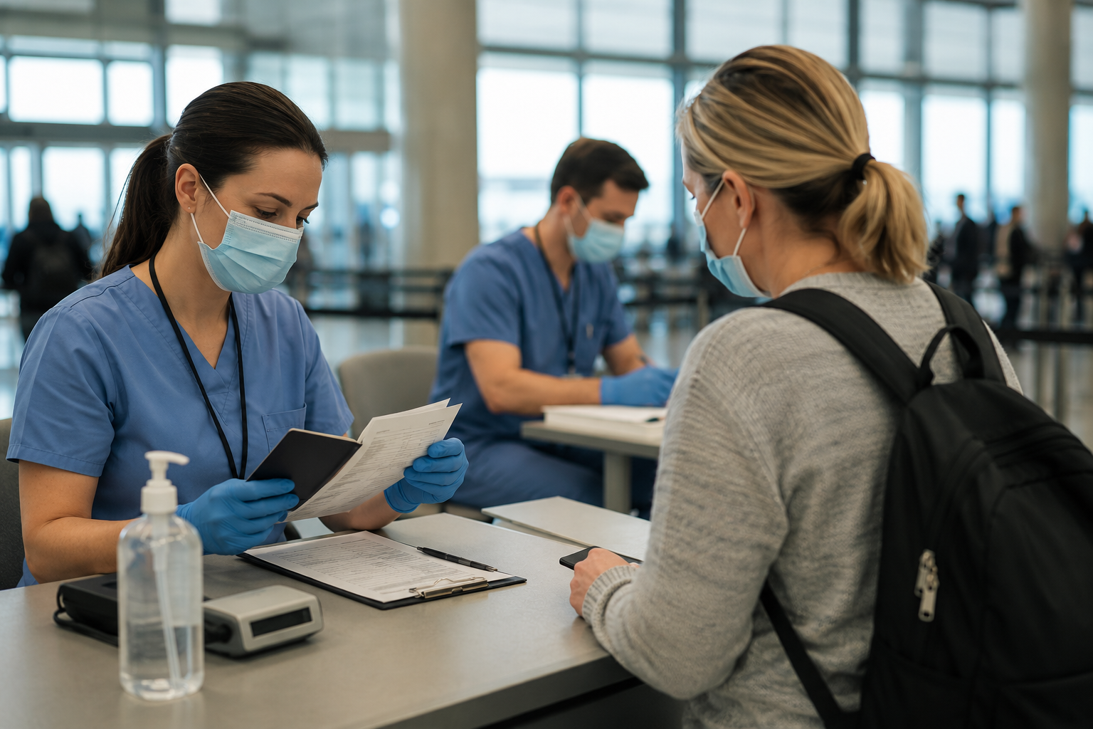 Medical personnel reviewing documents at a travel-related public health screening area.