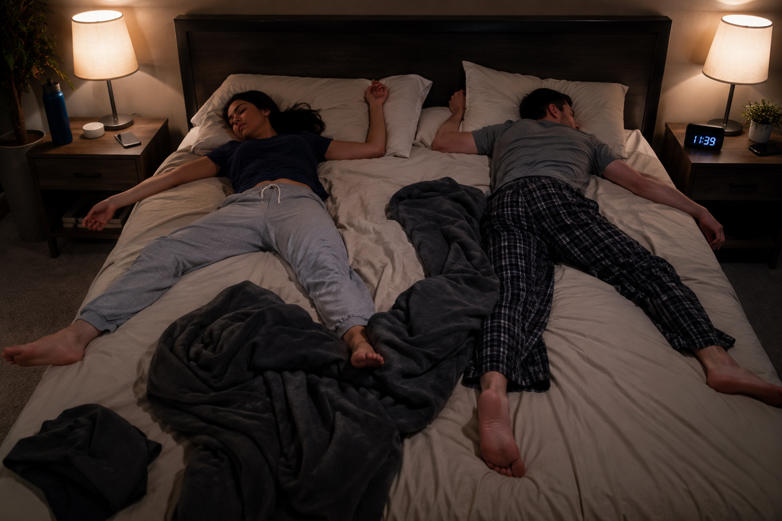 A calm bedroom at night with soft light, folded blankets, and a glass of water beside the bed.