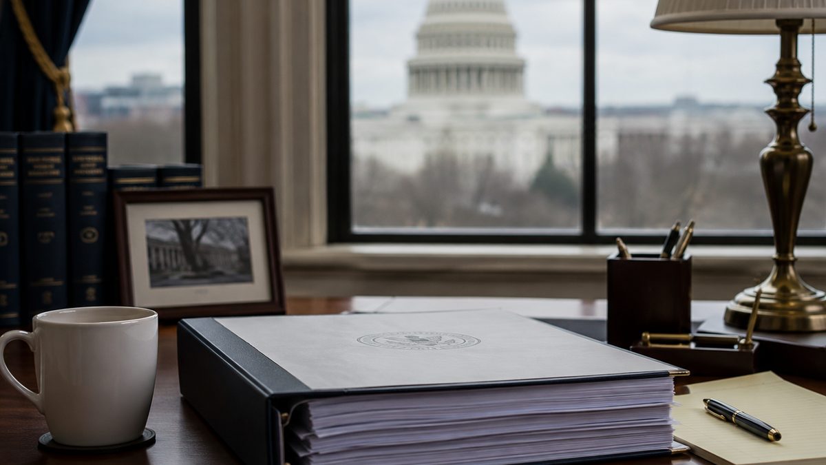 A budget binder on a desk in a congressional office.
